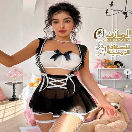 لانجيري تنكري شغالة أسود قصير مع تفاصيل شيفون