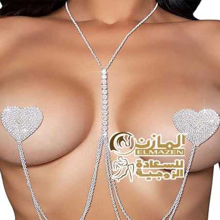 إكسسوار جسم فضى مع قطع قلب لاصقة على حلمات الصدر