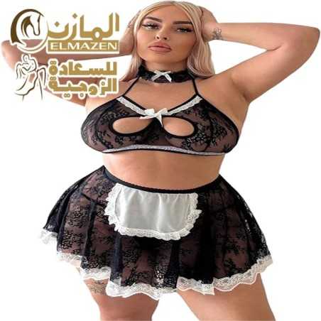 لانجرى الخادمة 465 بيج سايز لانجرى تنكرى أسود شيفون مريلة بيضاء