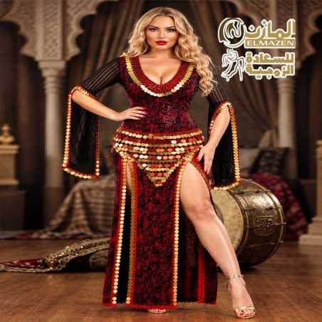 بدلة رقص شيك قطيفة حمراء بتطريز جنيهات